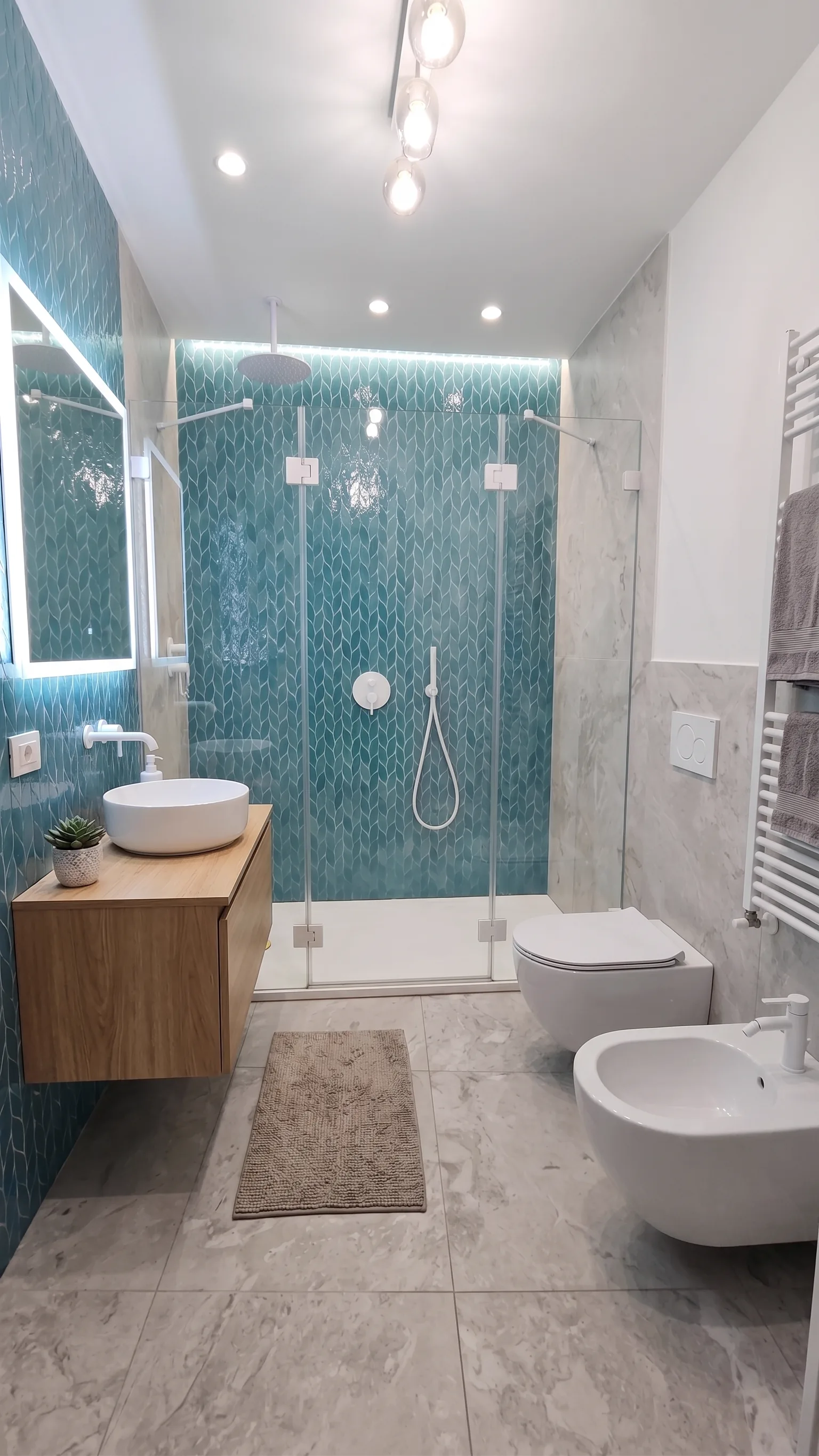Render 3D Bagno 1 Piano Terra con doccia walk-in e finiture premium