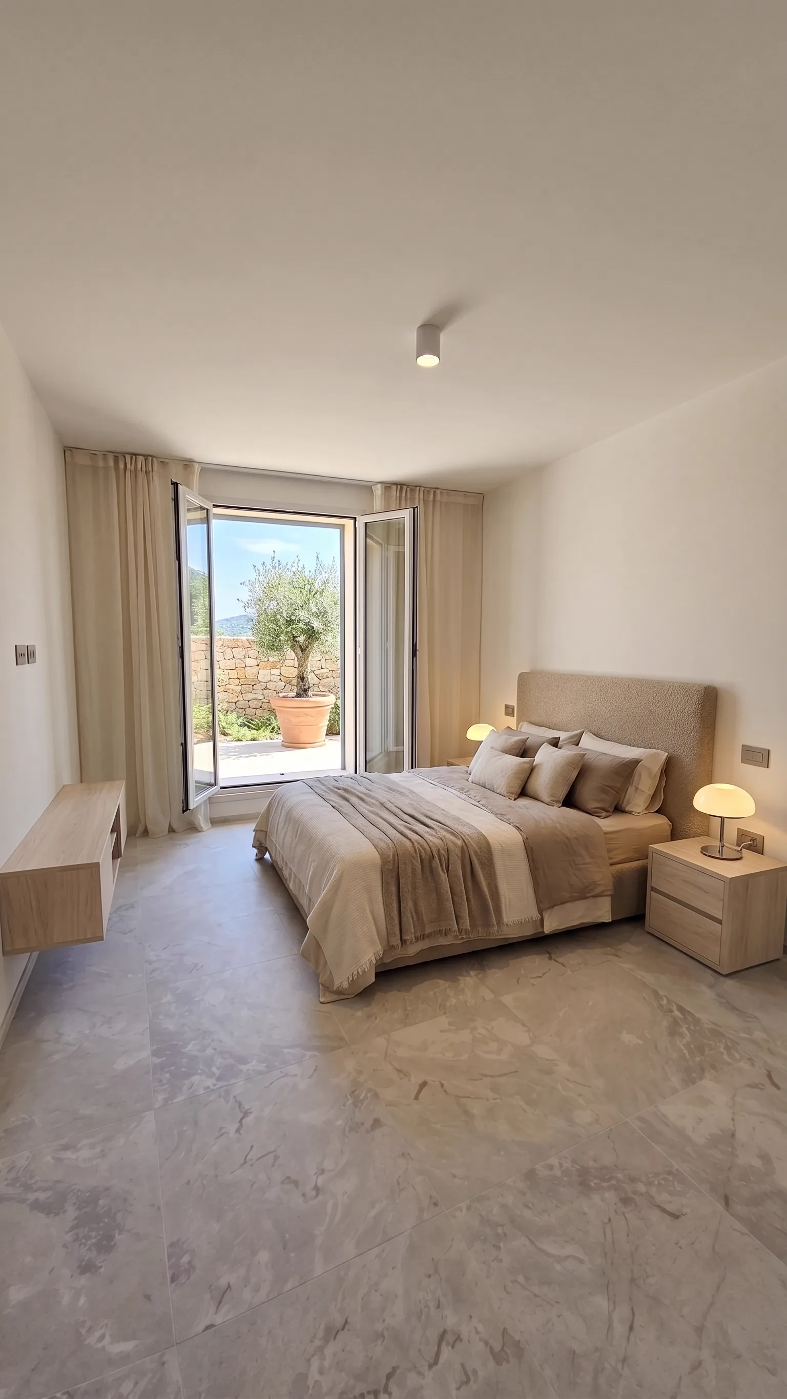 Render 3D camera matrimoniale arredata con letto king-size